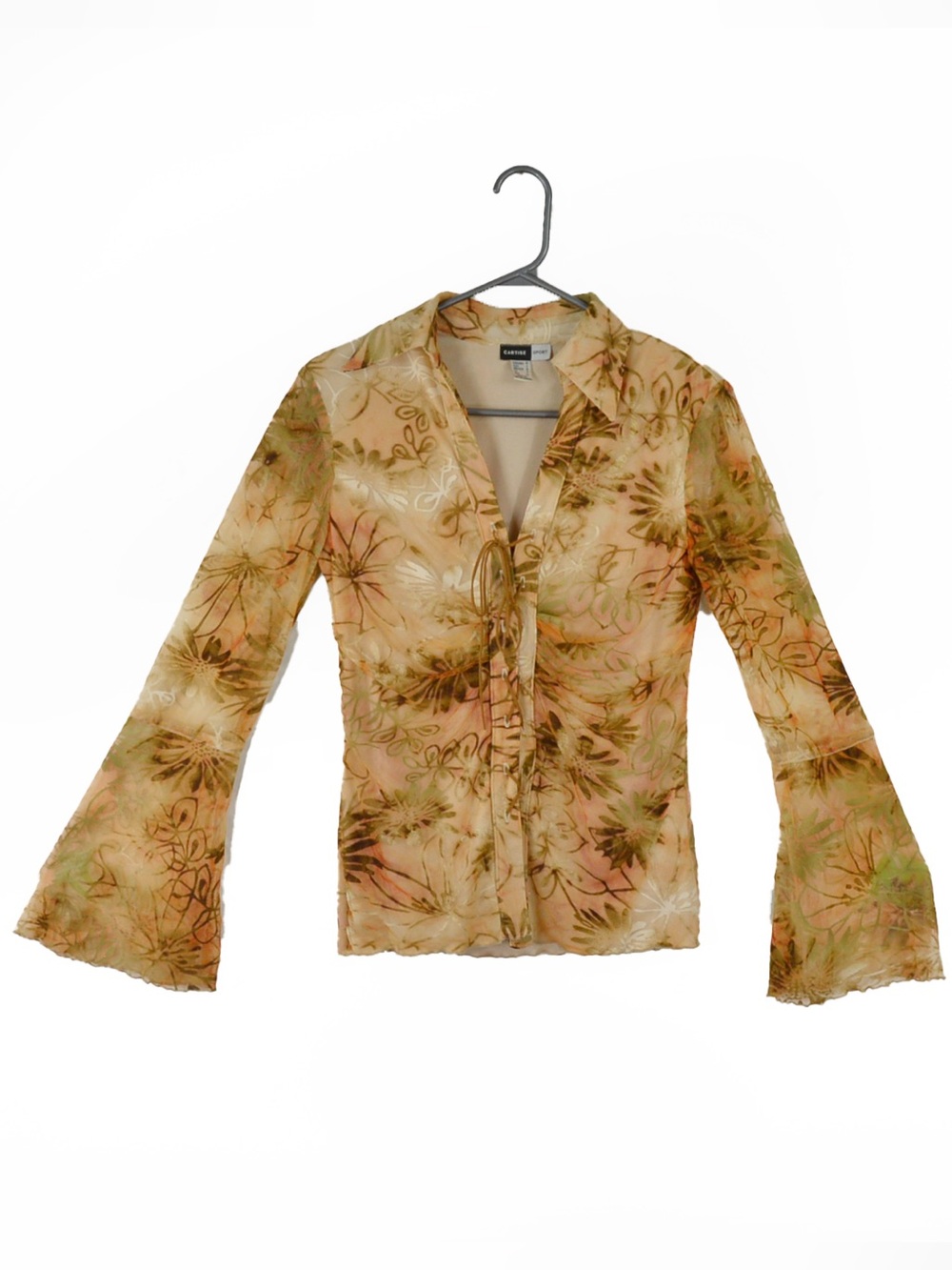 Vintage Sheer Mesh Bell Sleeve Blouse Floral Tie Front Western Fairy Top Y2K 90s
